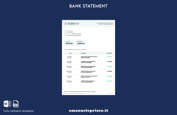 modello di parole dell'estratto conto Pakistan SadaPay in stile verificato